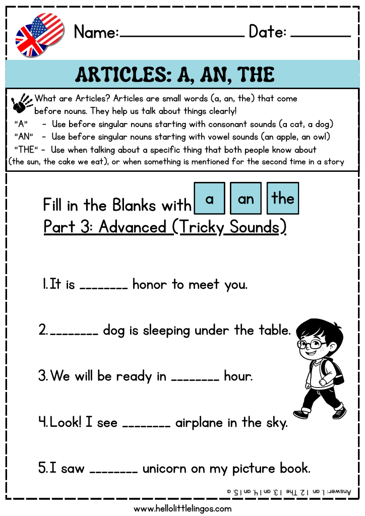 english grammar worksheets for esl students, learning articles