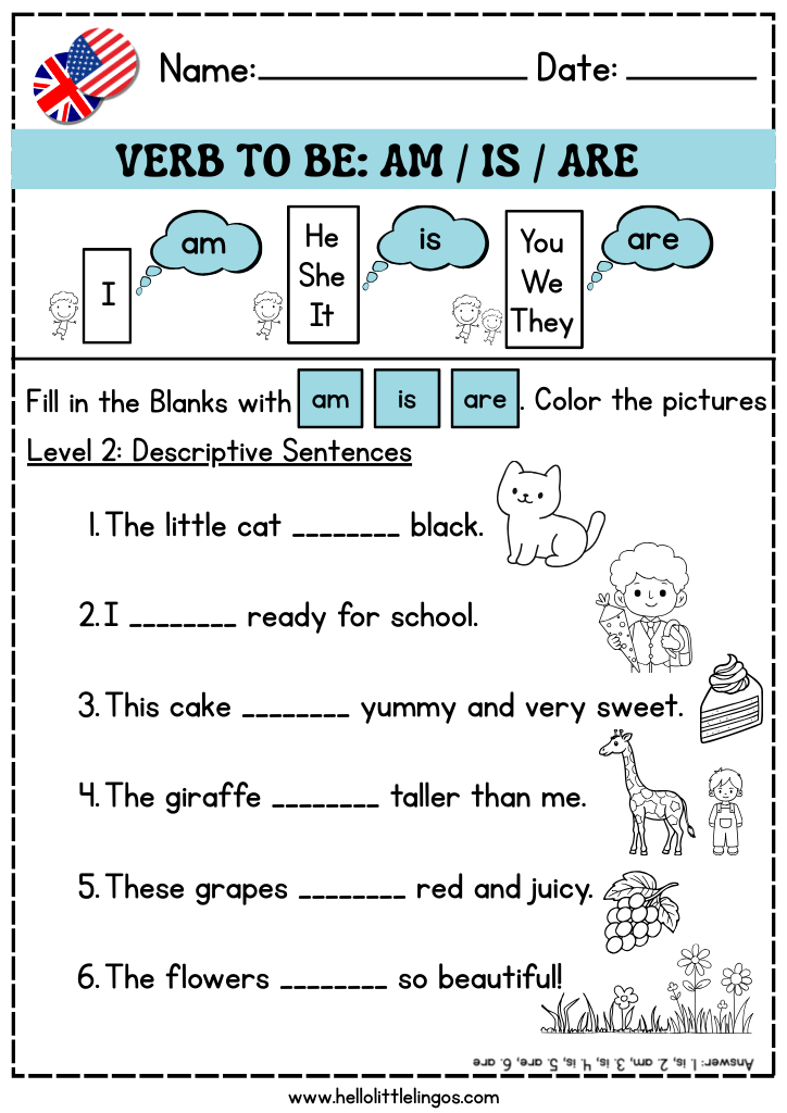 free english grammar worksheets for esl beginnerss students, verb to be