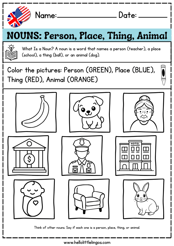 easy grammar excercises for kindergarten, coloring activity to learn nouns