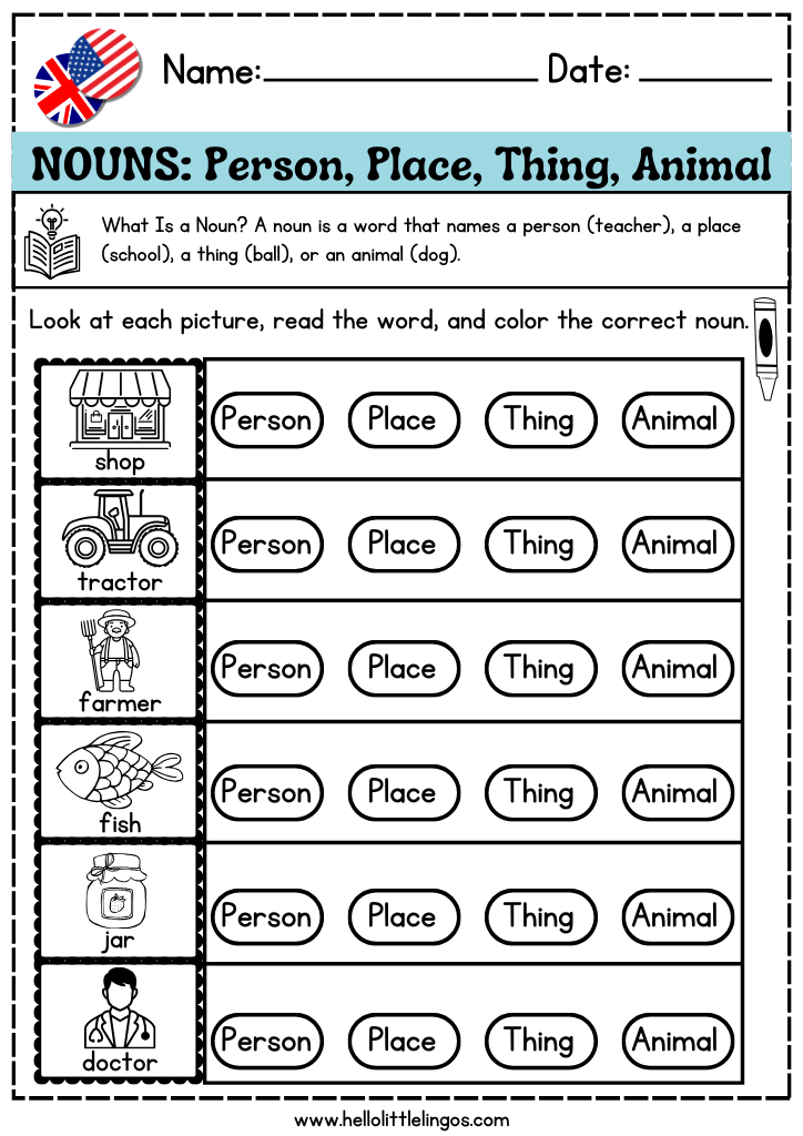 free english grammar worksheets for kids beginners, learning nouns