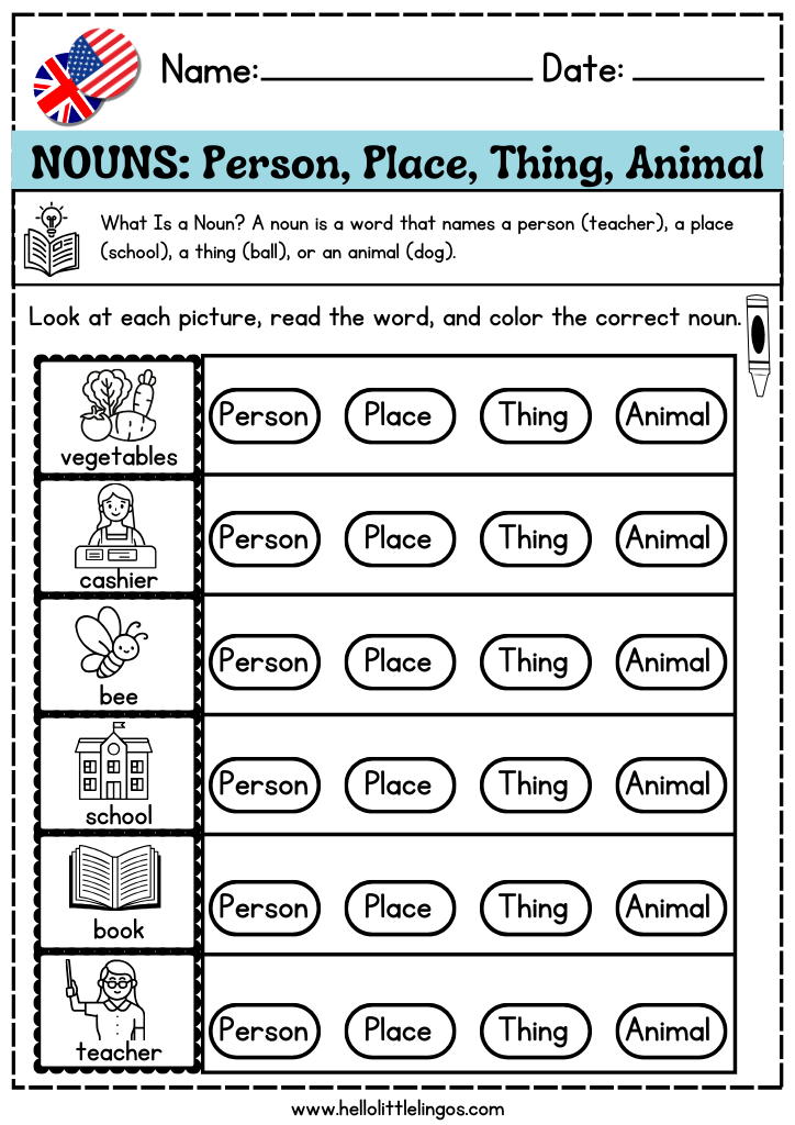 nouns activity worksheets for kids, person place, thing, animal , free pdf