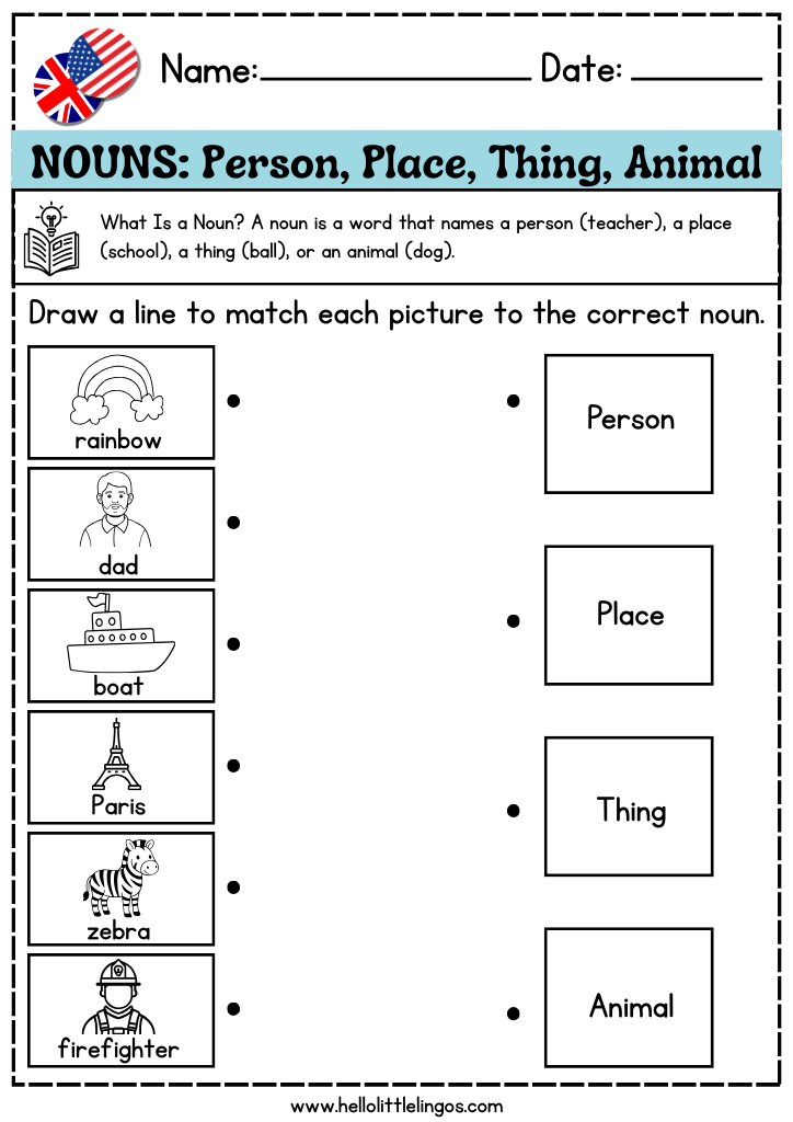 preschool grammar activities pdf, match the pictures and learn nouns