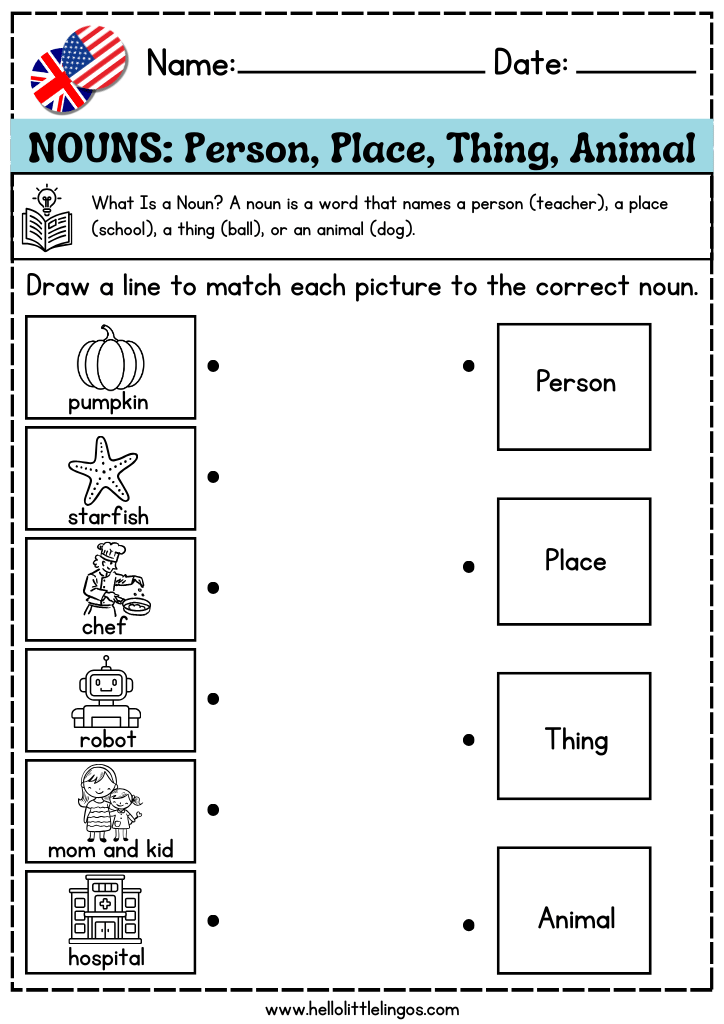 preschool grammar worksheets free pdf, match the pictures, learn nouns