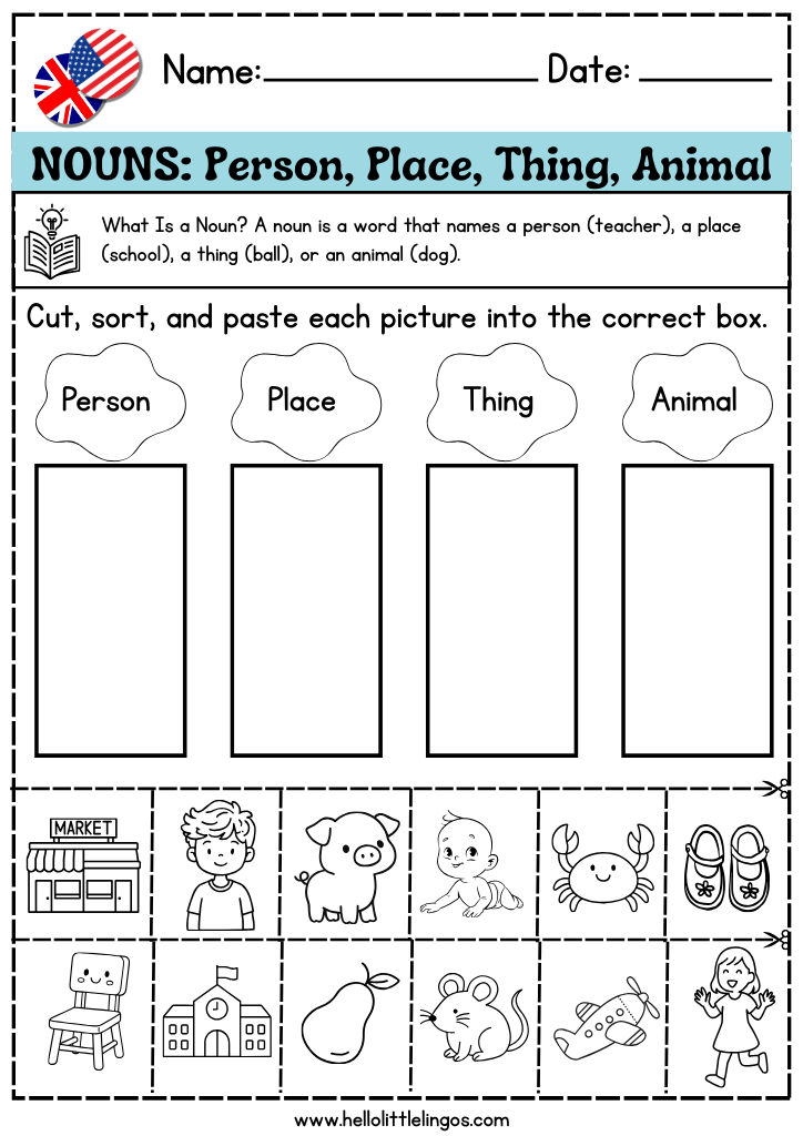 cut and paste grammar activity worksheets for kindergarten, learning nouns, free pdf