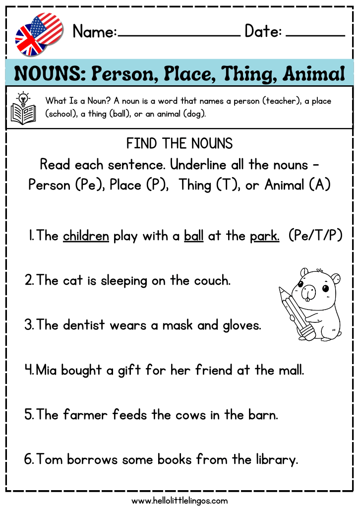 free english grammar exercises for kids, learning nouns, pdf download