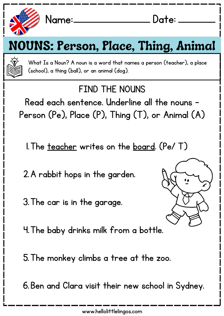 find the nouns activity worksheets for kids, free grammar exercises about nouns