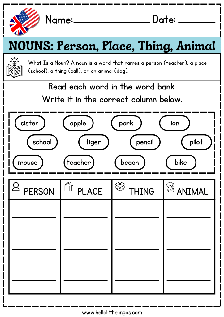free english grammar printable worksheets for year 1, nouns worksheets