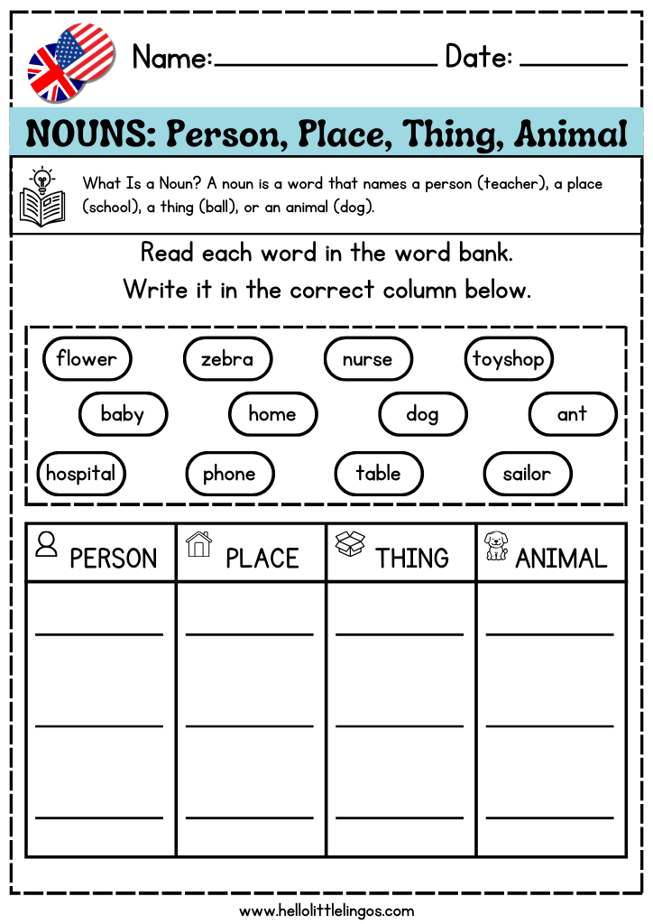 free printable grammar worksheets for homeschooling, nouns activity sheets