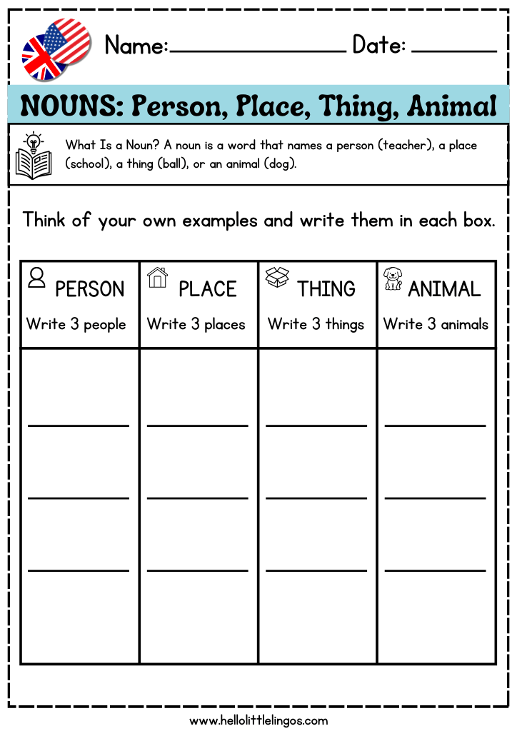 writing grammar exercices for primary school, learning nouns, free pdf download