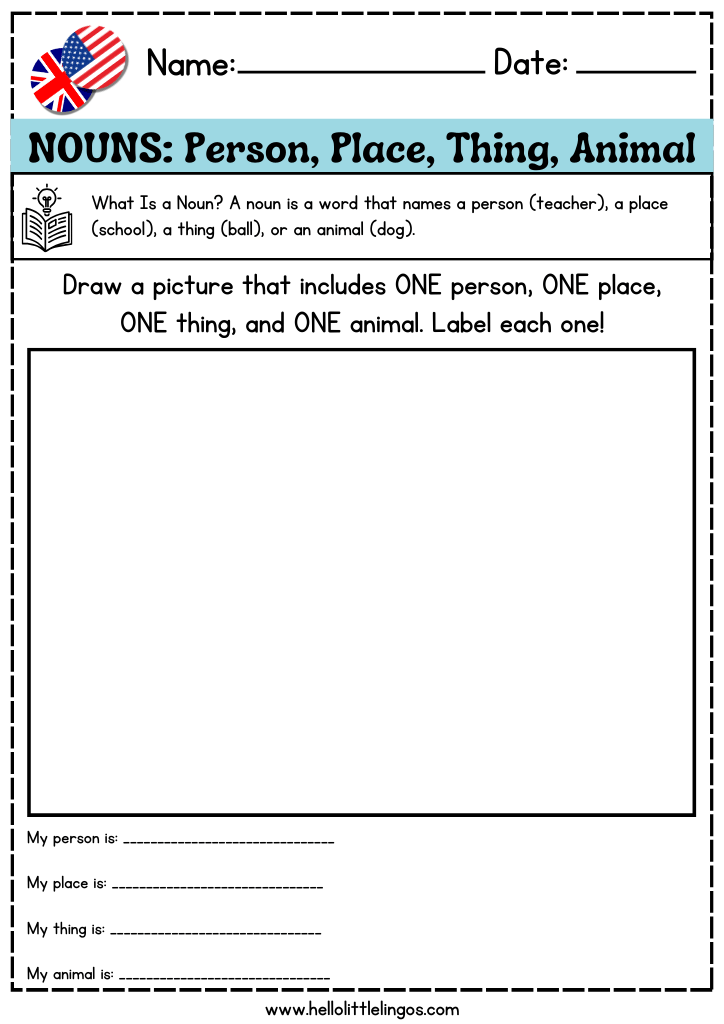 fun grammar activity worksheets for preschool, nouns, person, place, thing, animal
