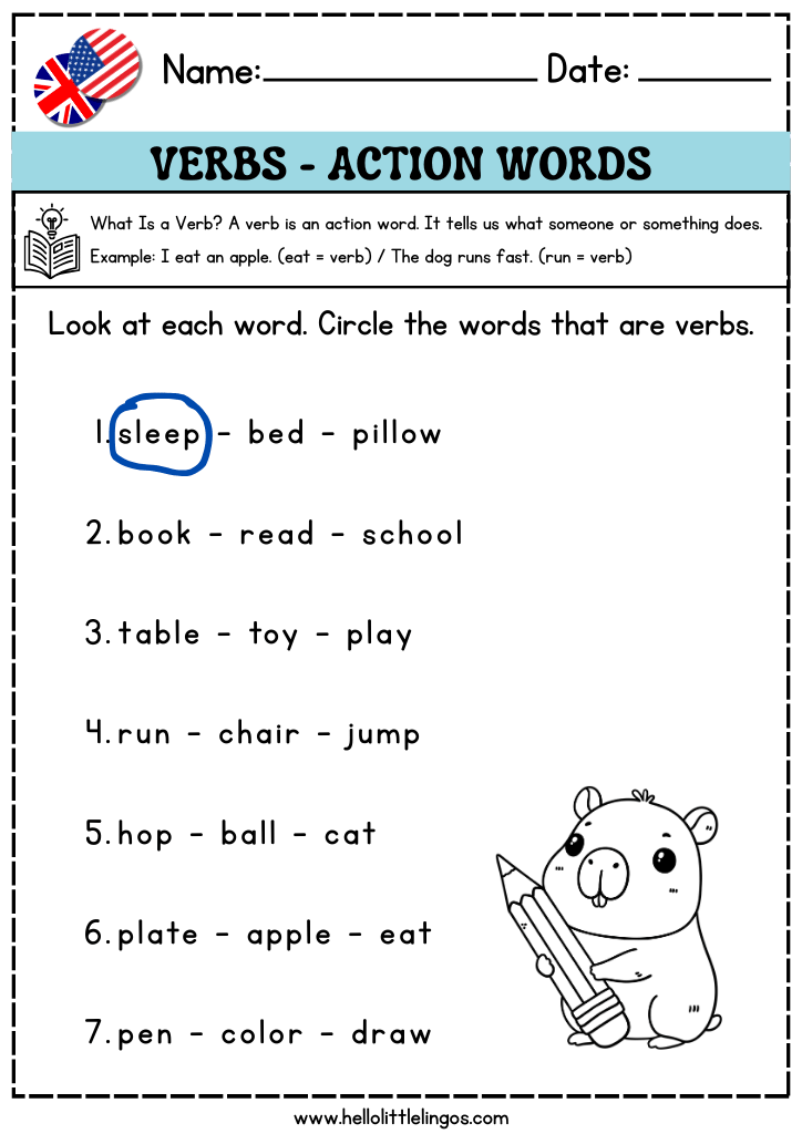 basic english grammar worksheets for kids beginners, learning verbs, free pdf