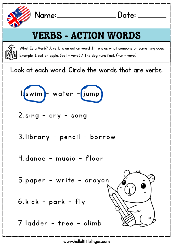 circle the verbs activity worksheets for classroom, action words grammar exercises