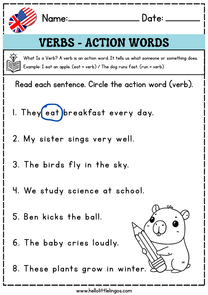 easy english grammar worksheets printable for kids, circle the verbs