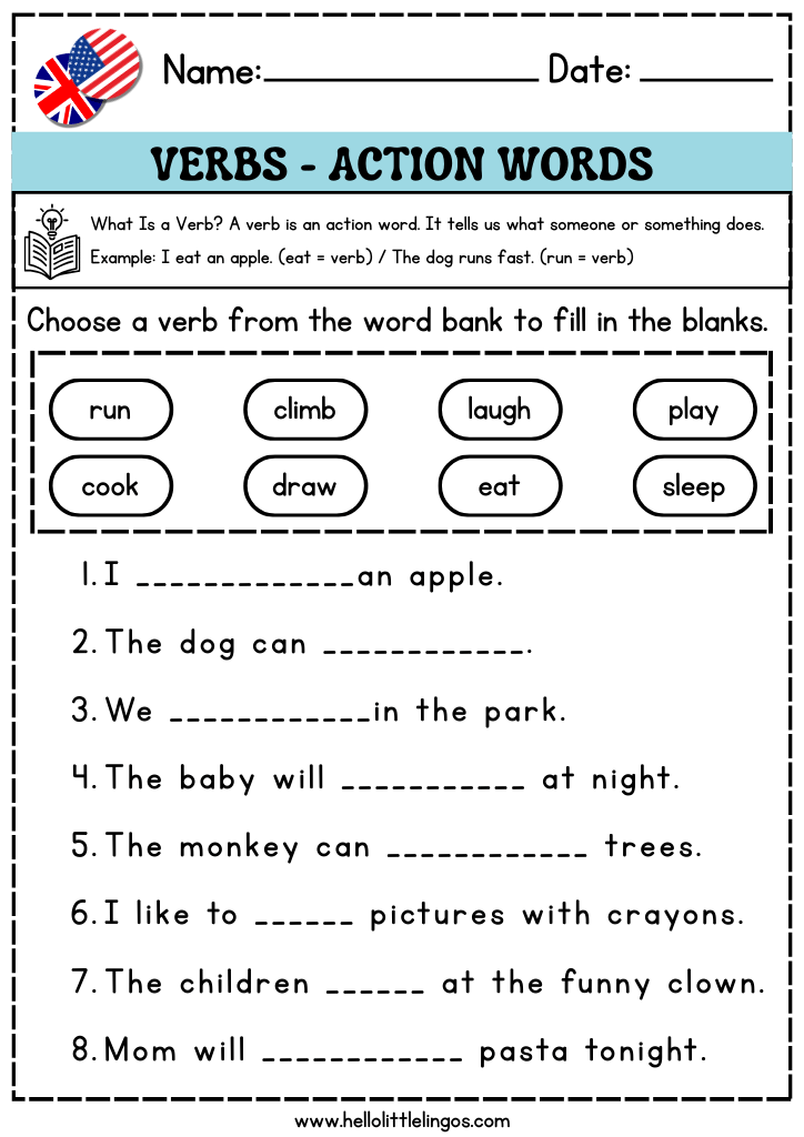 fill in the blanks grammar worksheets for kids, action verbs practice