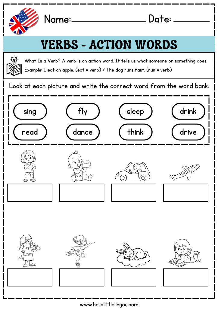 fun english grammar worksheets for beginners kids, write the verbs
