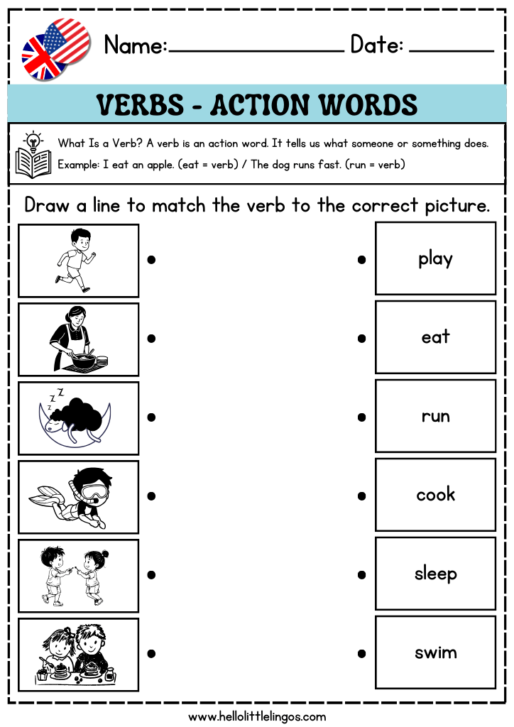 easy grammar worksheets for kindergarten, matching activity, learning verbs