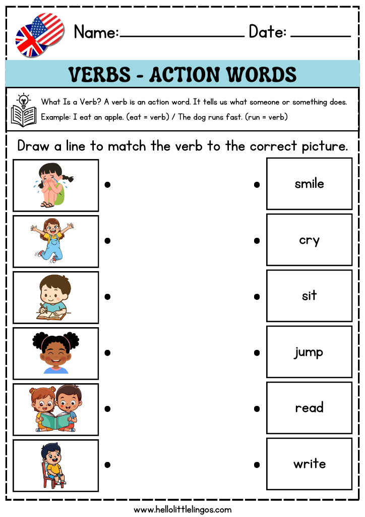 fun grammar activities worksheets for kindergarten, match the verbs