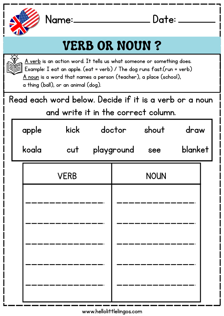 grammar activities worksheets for grade 1, write the verbs and nouns