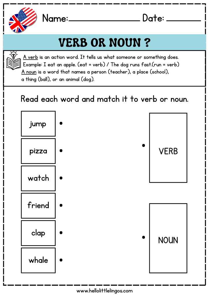simple grammar worksheets for kindergarten, verbs and nouns exercises