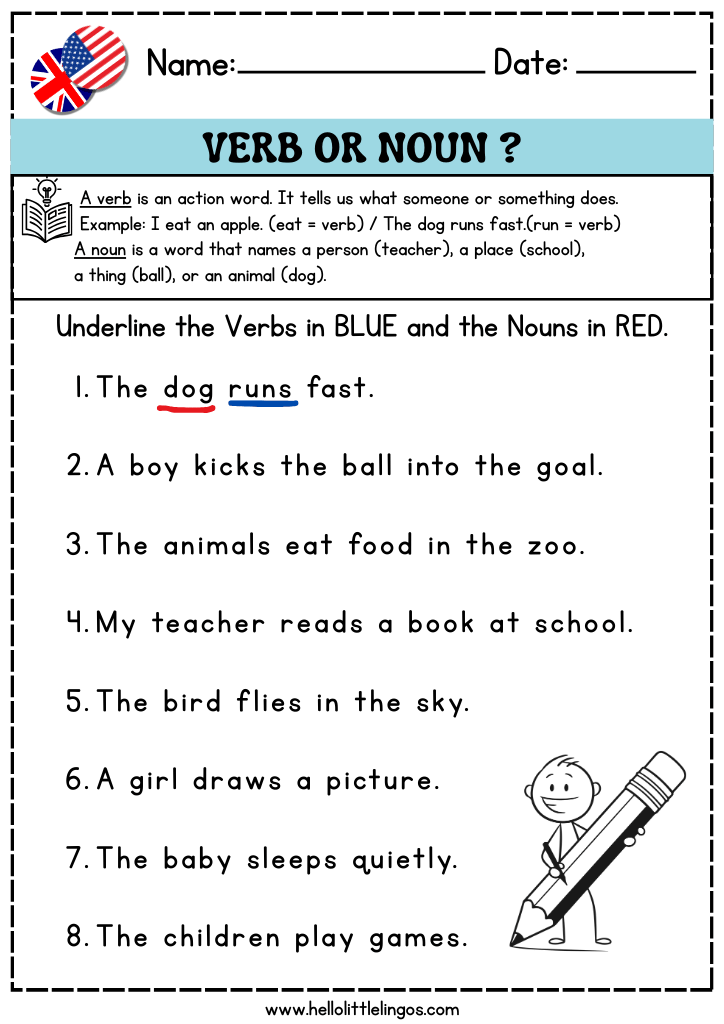 verbs and nouns worksheets practice, english exercises for kids, free pdf