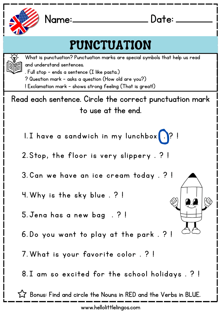 punctuation marks worksheets for kids, free pdf grammar activity sheets