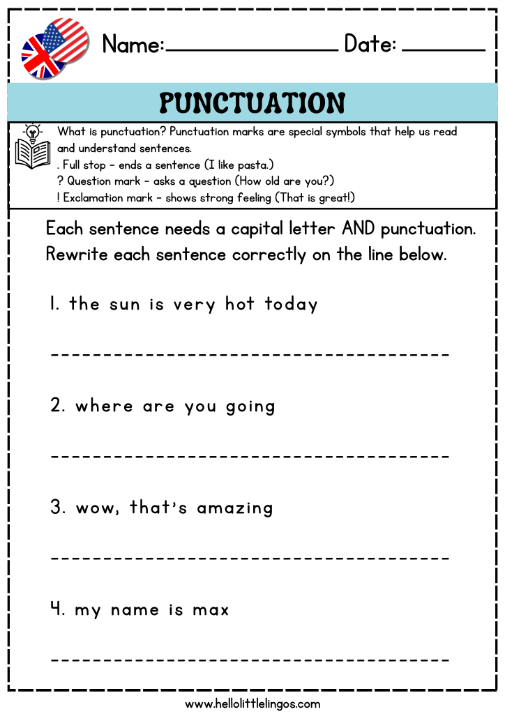 punctuation and capital letter worksheets for kids, grammar writing sentence exercises