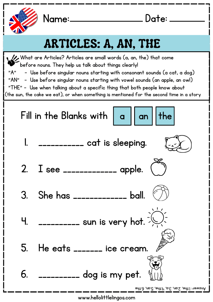 basic english grammar worksheets for esl kids, articles in english, free pdf