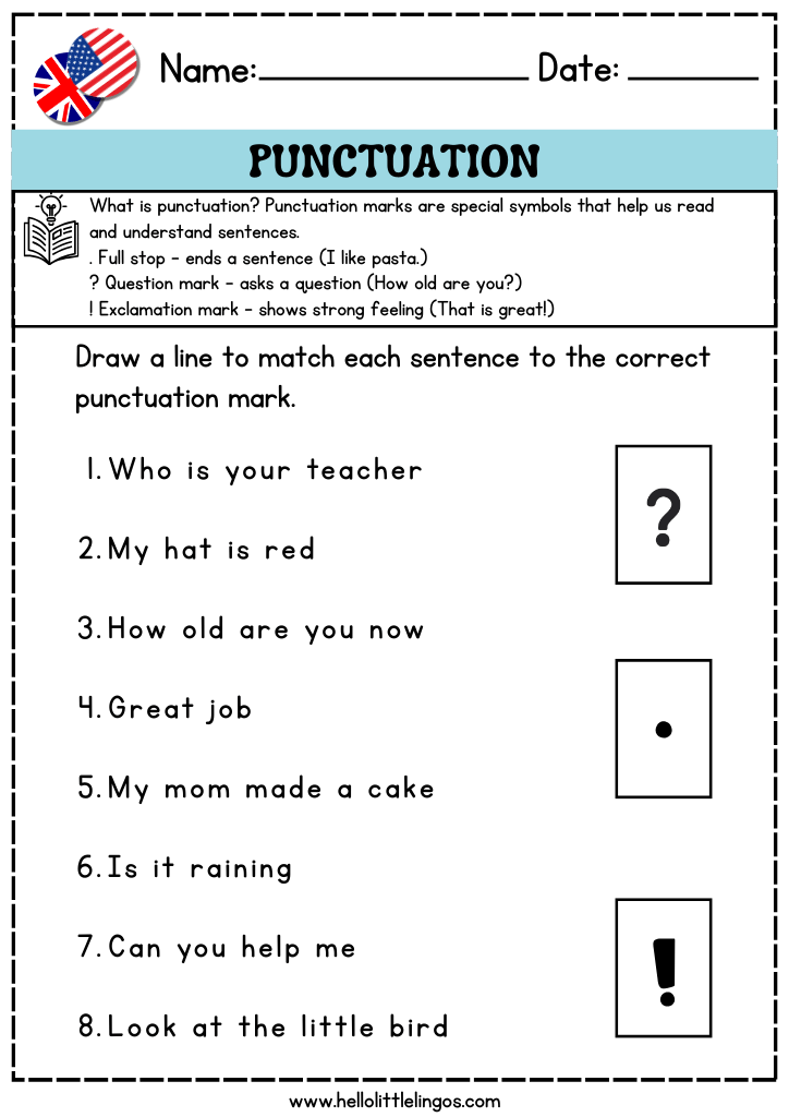 punctuation and grammar worksheets for kids, free pdf download