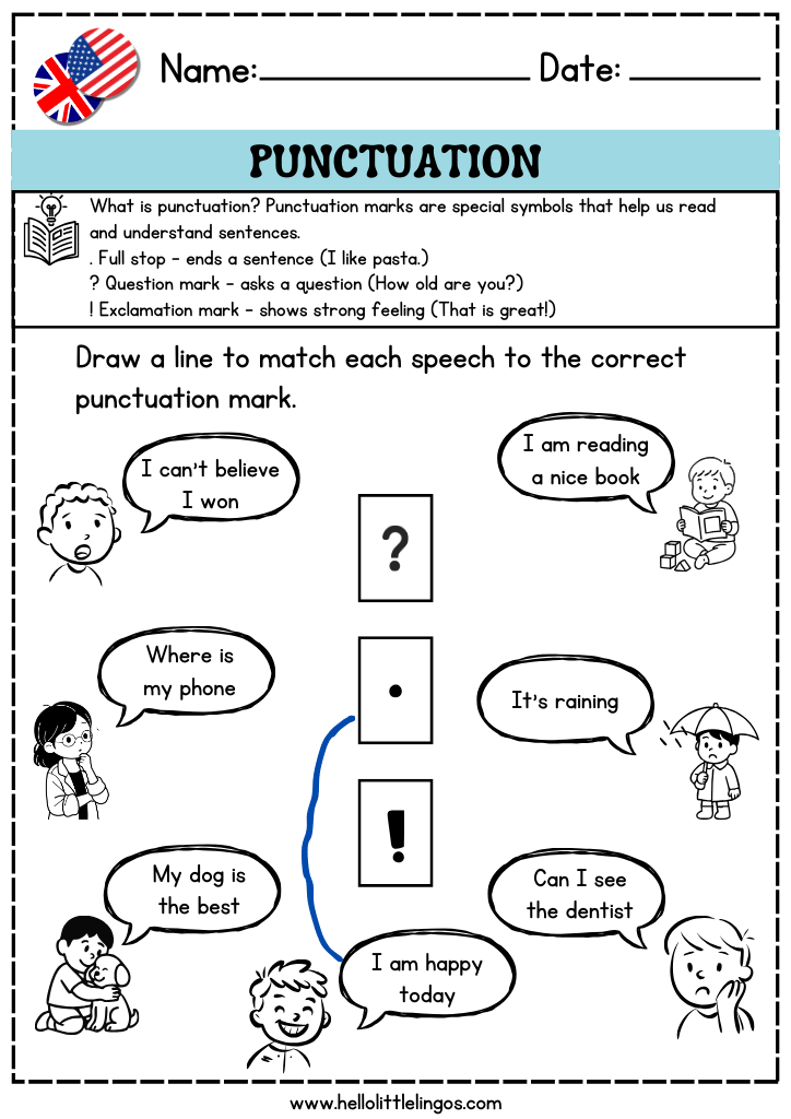 free pdf grammar worksheets for preschool, punctuation practice sheets