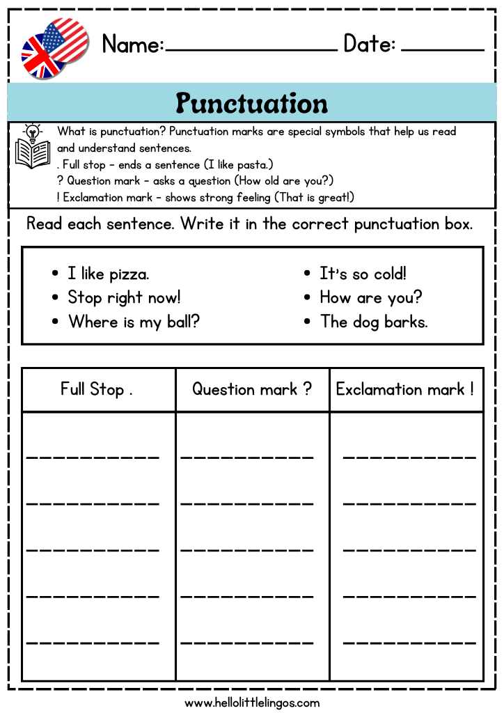 free english grammar worksheets for kids, punctuation practice sheets