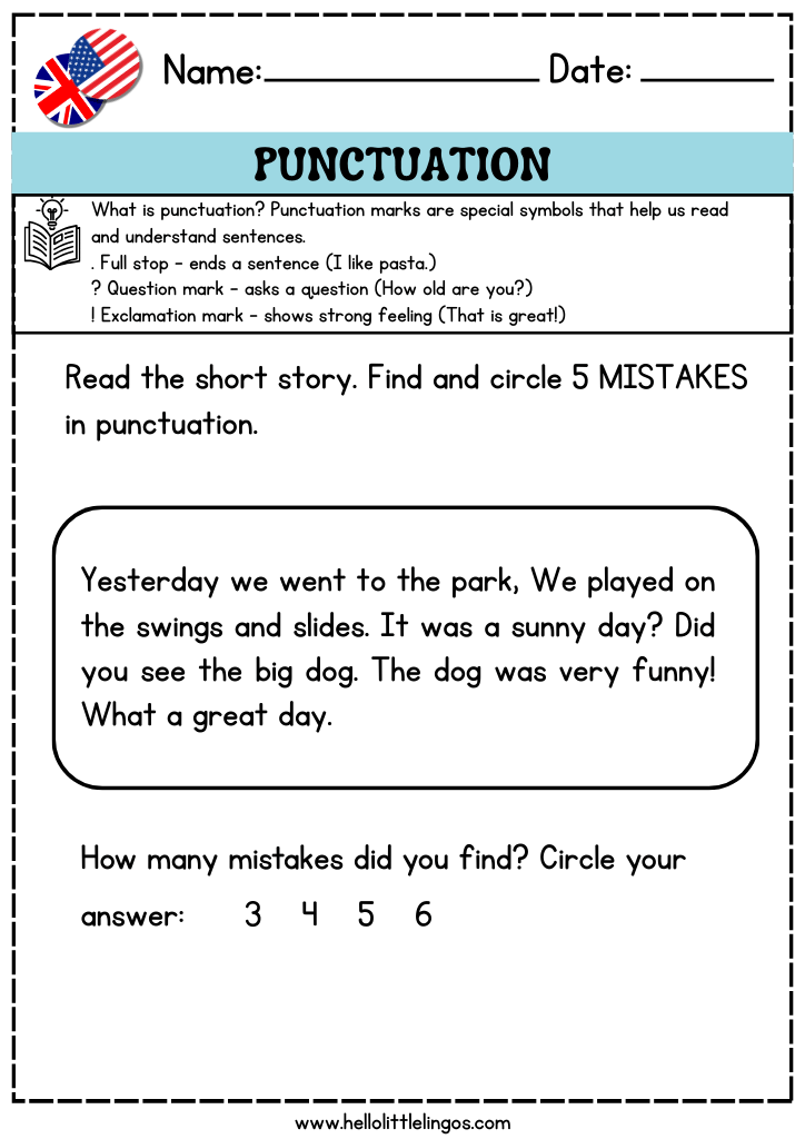 free pdf english grammar worksheets for primary school, punctuation exercise