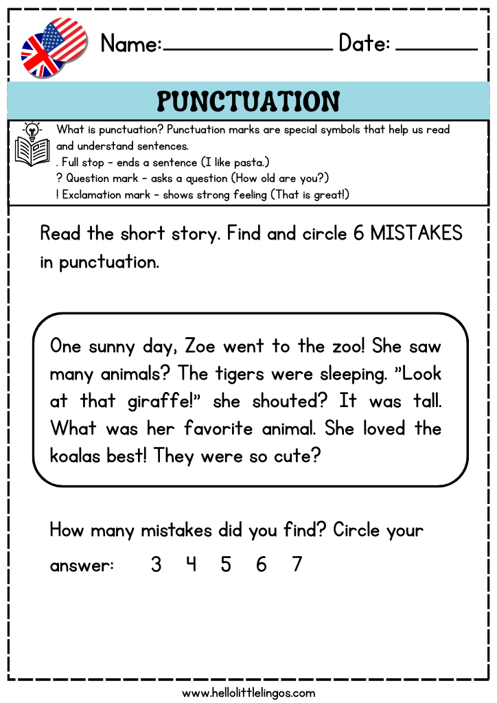 english grammar worksheet activity for kids, punctuation practice sheets