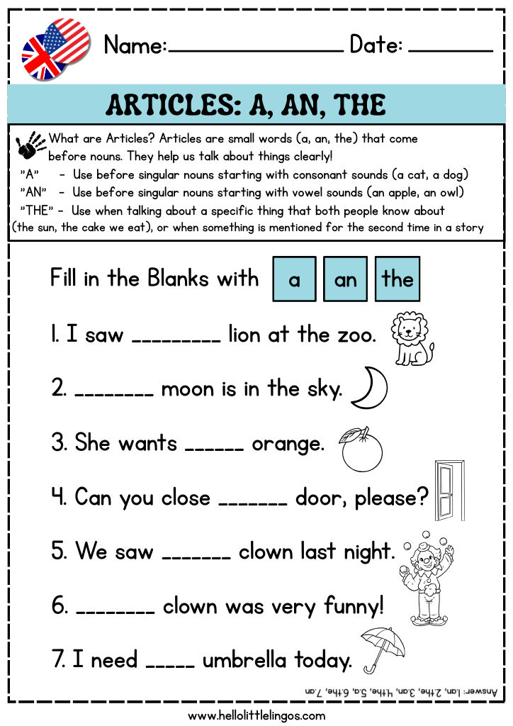 free pdf english grammar worksheets for kids with answers, articles a, an, the