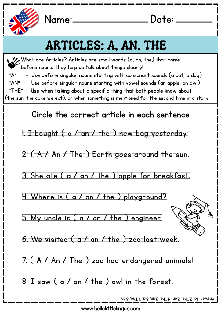 circle the correct article activity worksheets for kids, free pdf