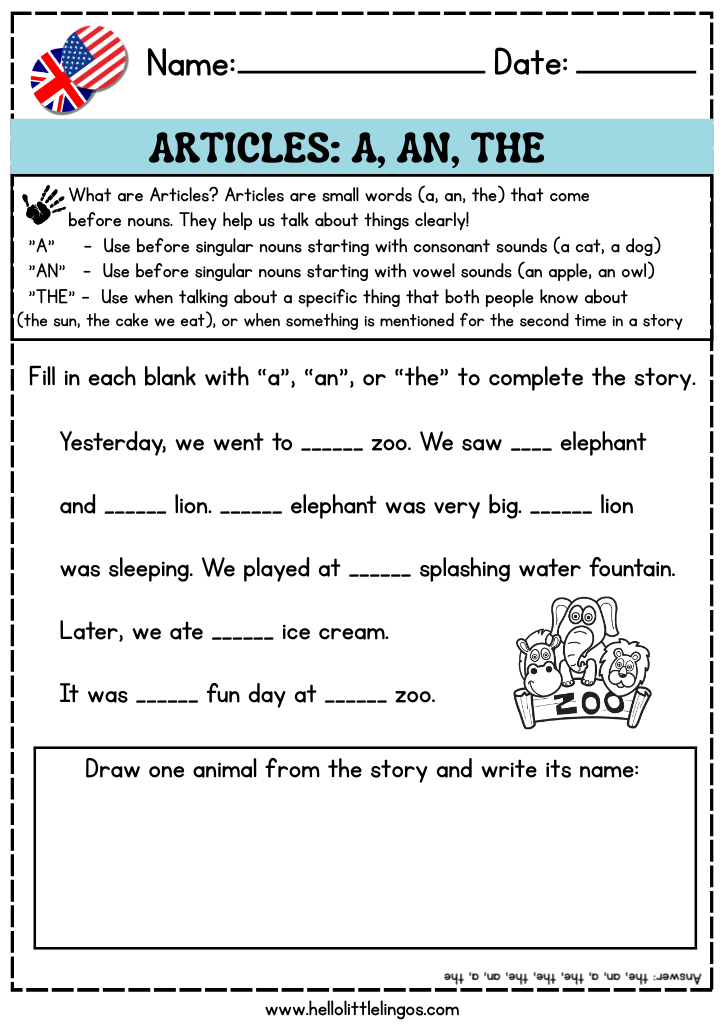 fun printable grammar activity worksheets for kids, articles a, an, the