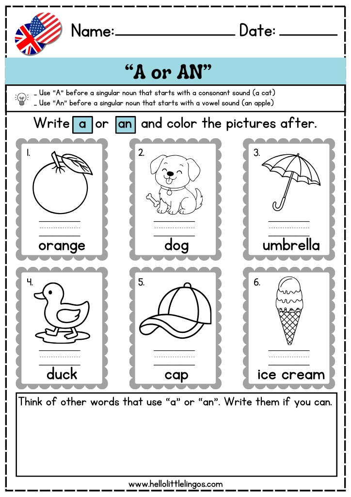free english grammar worksheets for kindergarten, articles a and an